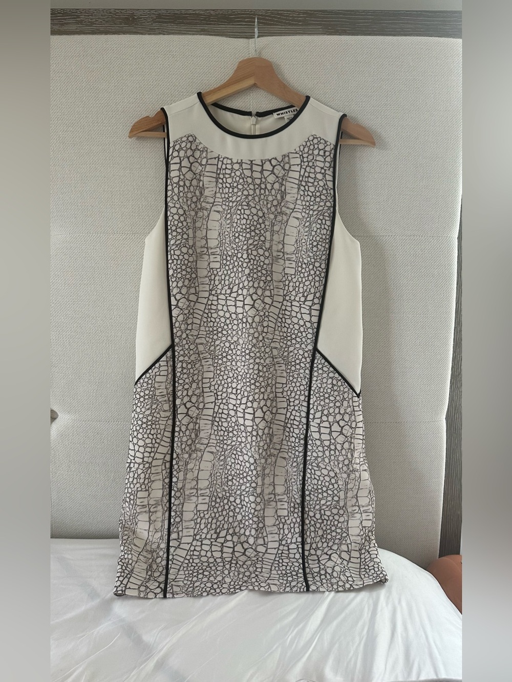 Whistles Cream Shift Dress with Black Trim and Gray Pattern